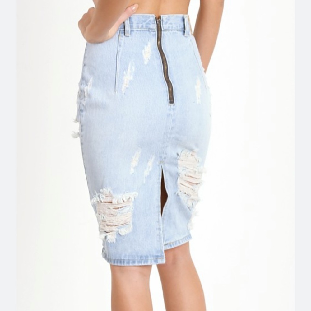 Distressed Light Blue Denim Skirt - Picture 2 of 8